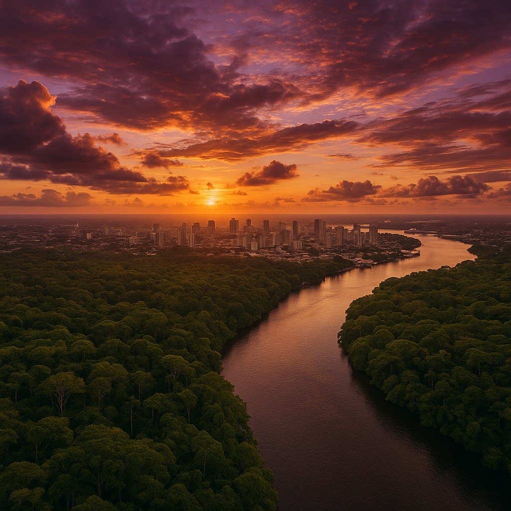 Panorama aéreo de Manaus ao entardecer